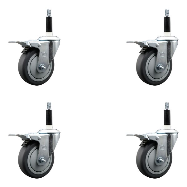 4'' Thermoplastic Rubber Swivel 7/8'' Expanding Stem Caster Set Total Lock Brake, 4PK